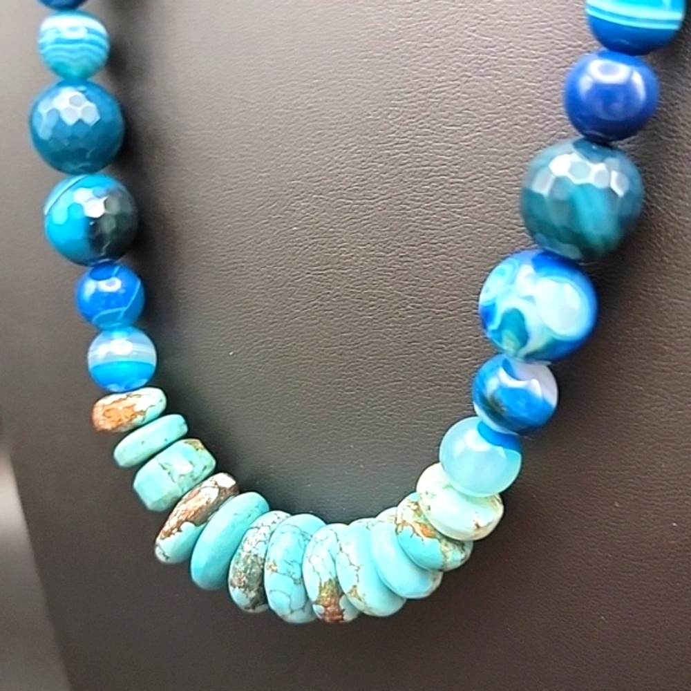 Untreated 495 Cts Natural Turquoise & Onyx Beaded Gemstone Necklace Unisex #1 - Picture 2 of 10